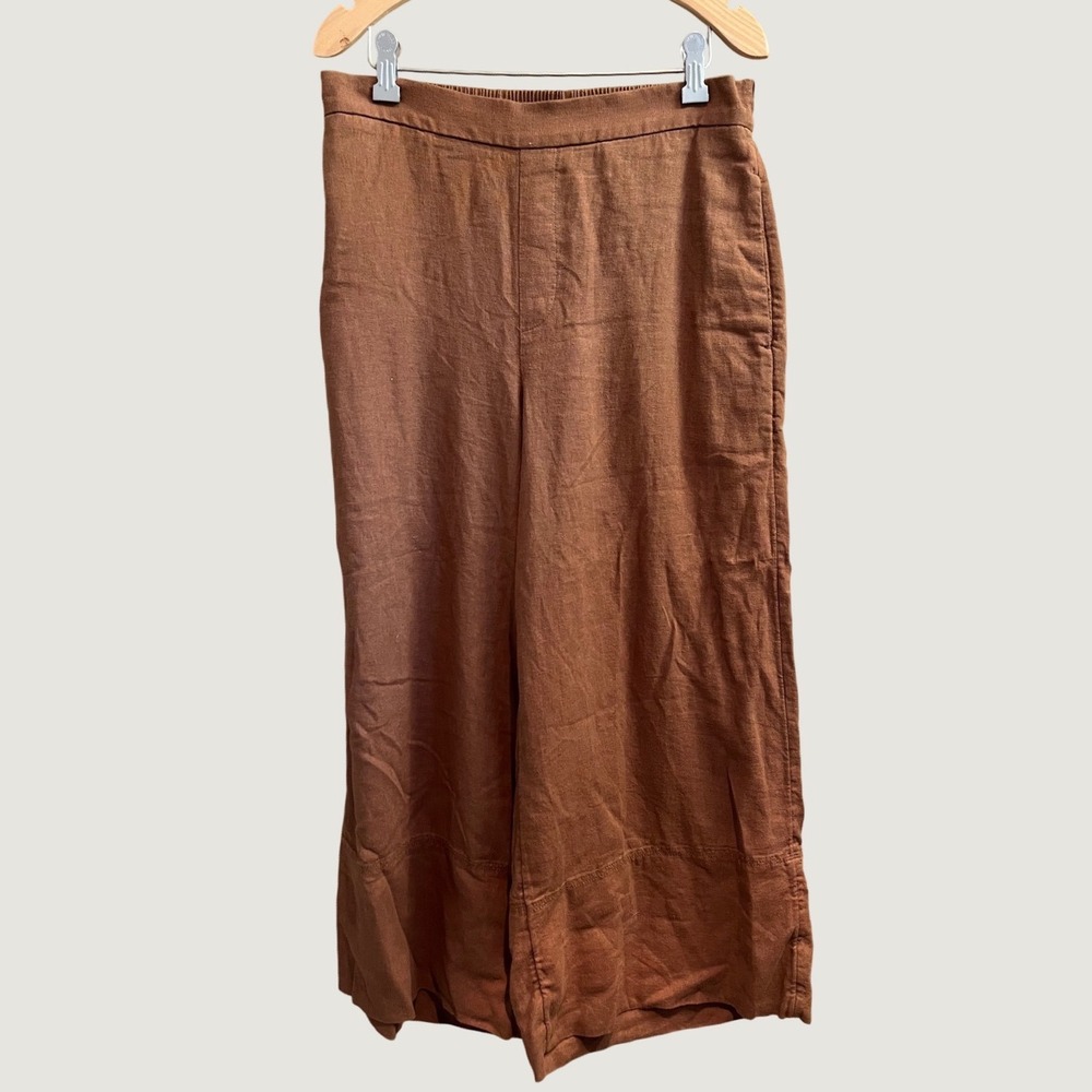 Banana Republic Wide Leg Cropped Pants Womens S Brown Linen Blend Elastic Back
